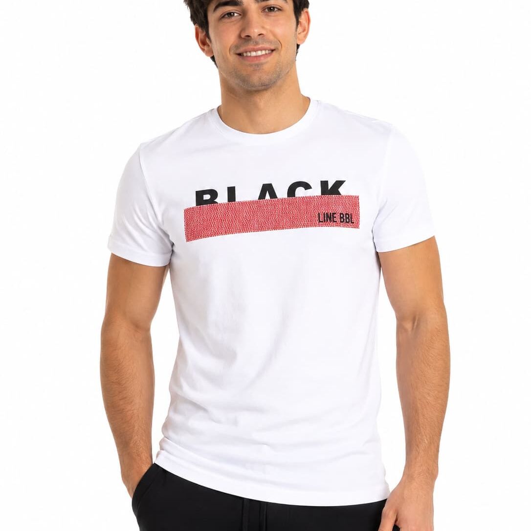 Tricou bărbați alb cu imprimeu din 92% bumbac cu Lycra, decolteu rotund, S–3XL – Bumbăcel Moldova