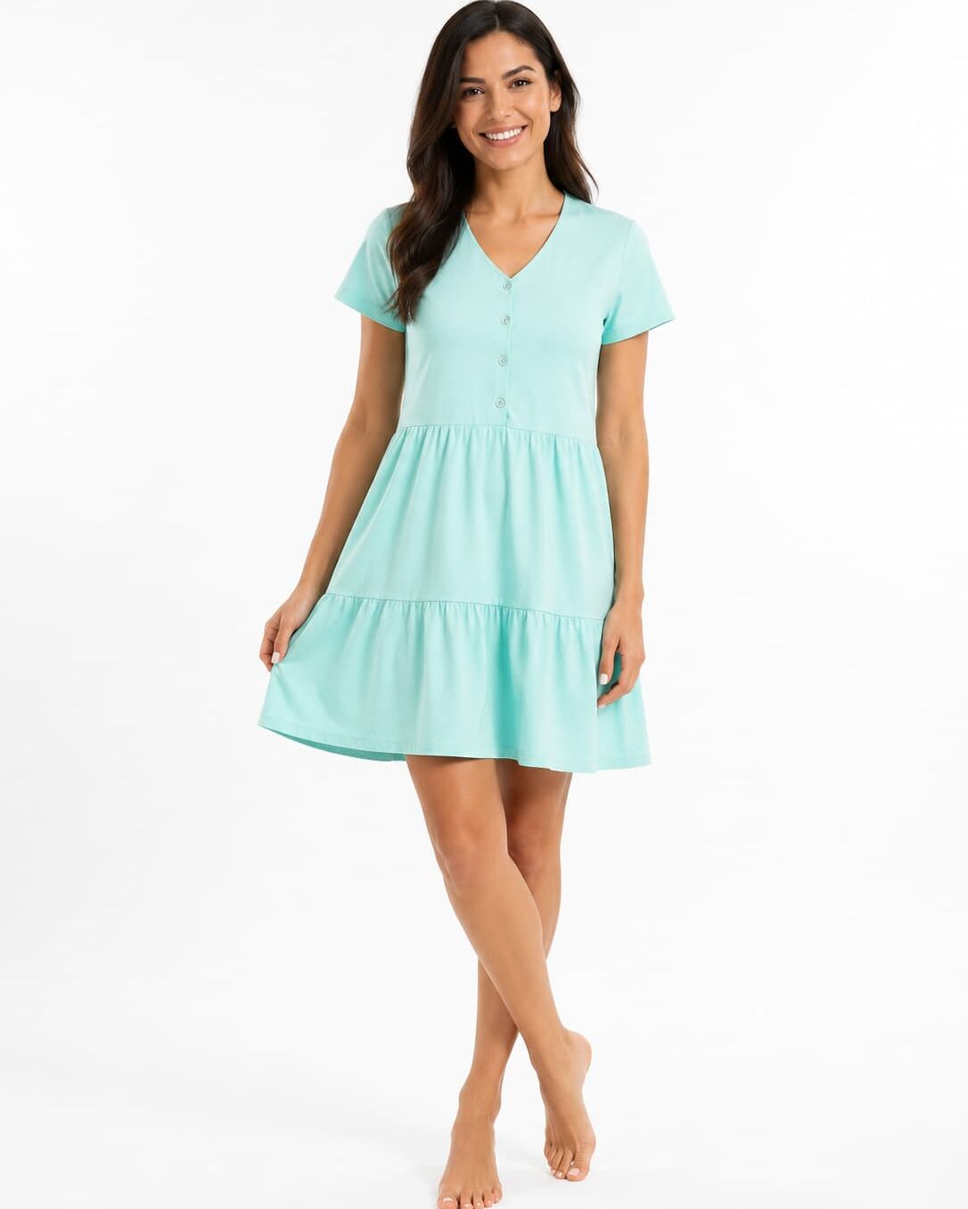 Rochie damă verde scurtă cu decolteu rotund din bumbac, S–3XL – Bumbăcel Moldova