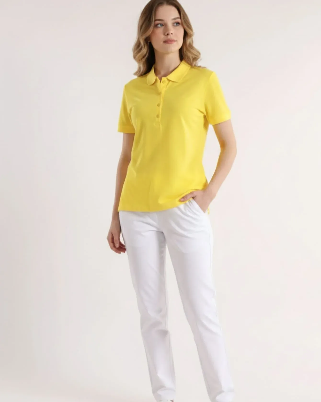 Tricou polo damă galben uniton din 100% bumbac natural mărimi M–4XL – Bumbăcel Moldova