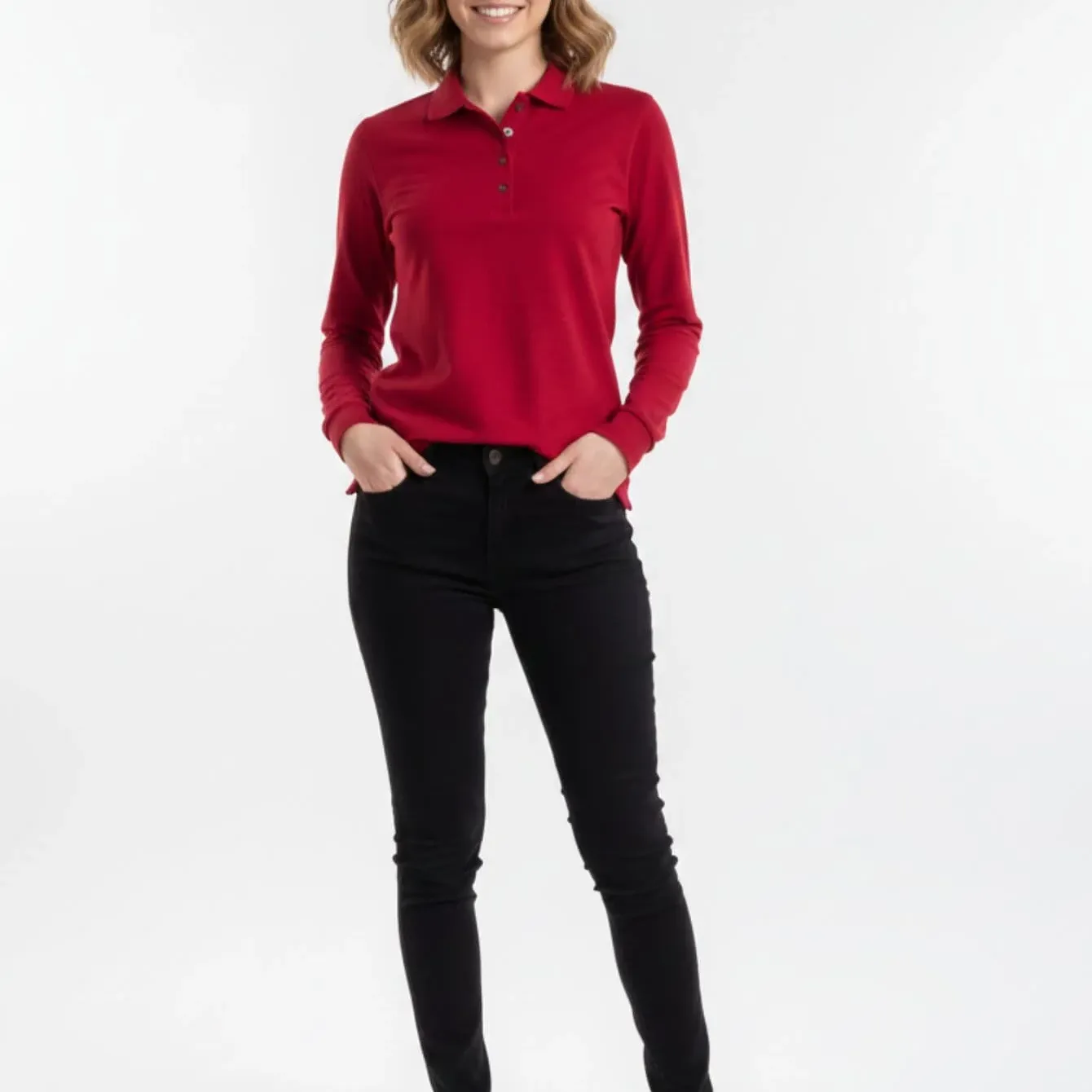 Tricou polo damă roșu cu mânecă lungă bumbac lycra – Bumbăcel Moldova
