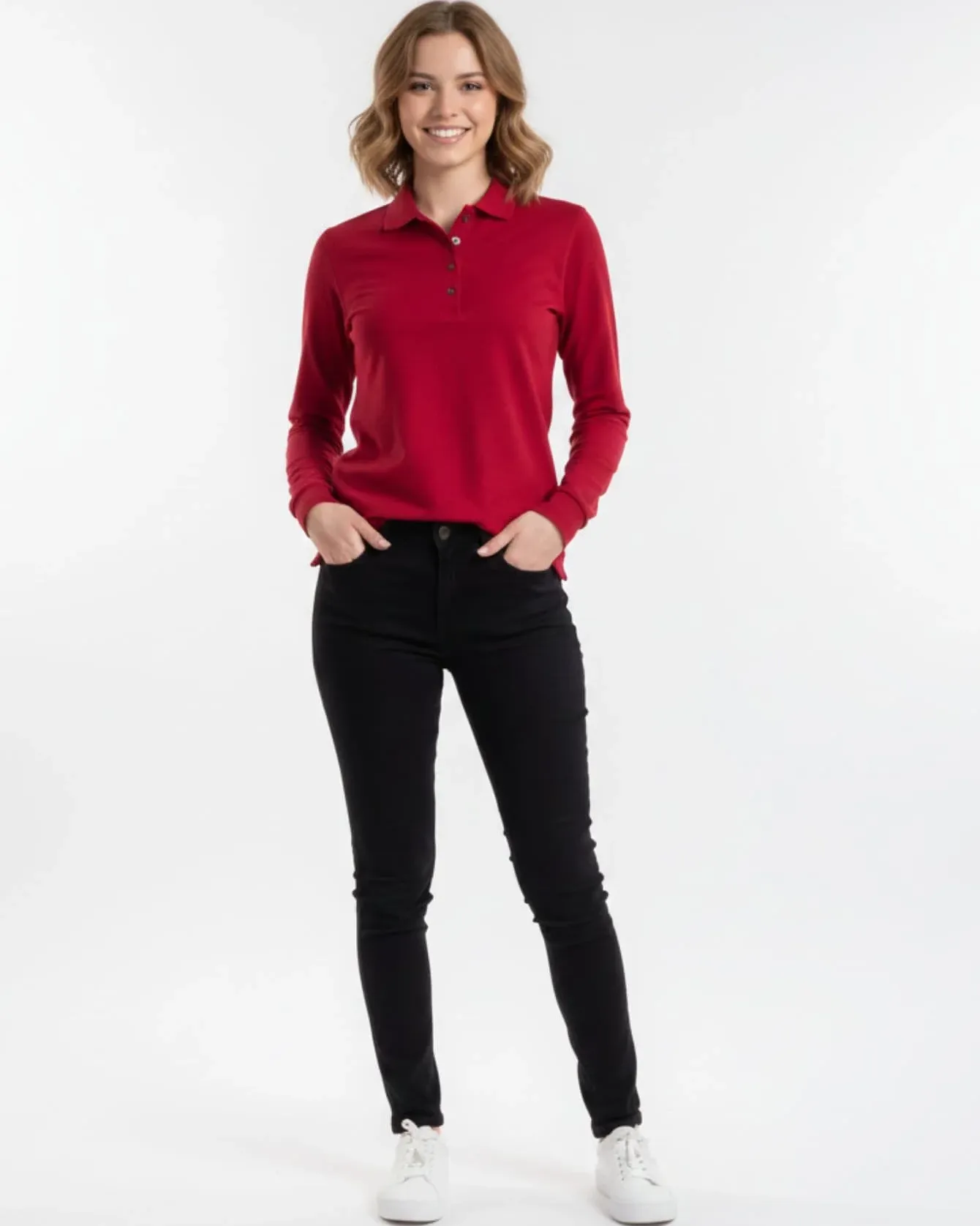 Tricou polo damă roșu cu mânecă lungă bumbac lycra – Bumbăcel Moldova