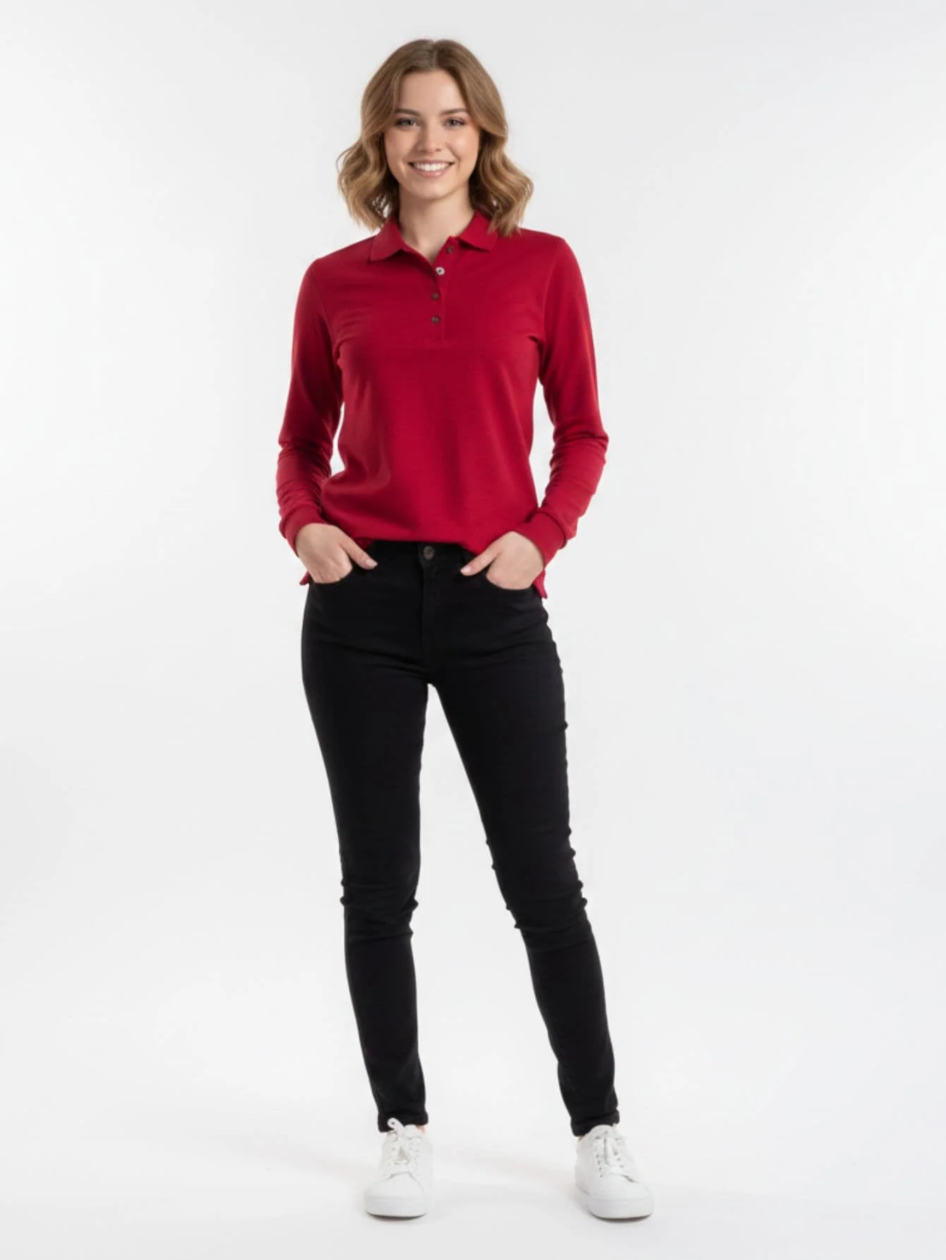 Tricou polo damă roșu cu mânecă lungă bumbac lycra – Bumbăcel Moldova