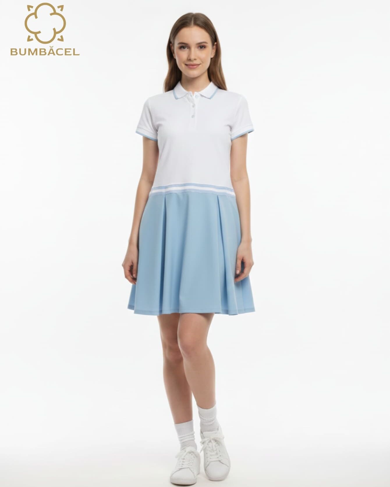 Rochie polo damă albastră din 100% bumbac cu guler și nasturi, S–XXL – Bumbăcel Moldova