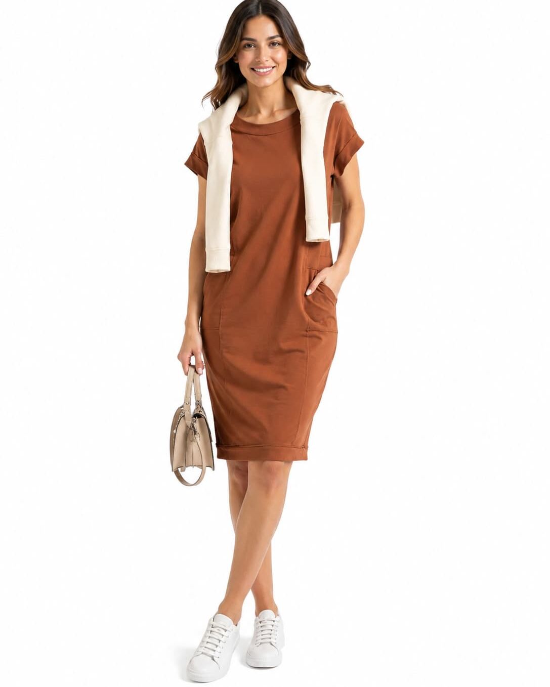 Rochie damă maro cu buzunare din bumbac și elastan, M–3XL – Bumbăcel Moldova