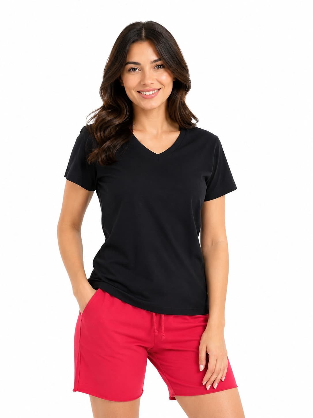 Tricou damă negru cu decolteu în V din 100% bumbac