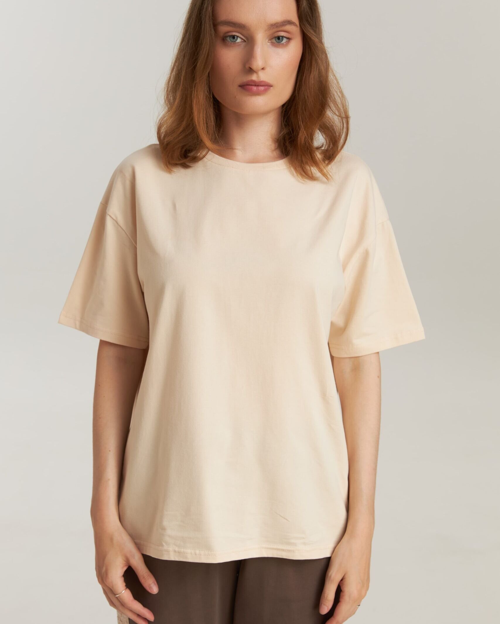 Tricou damă bej uniton din bumbac cu Lycra – Bumbăcel Moldova (vedere frontală)
