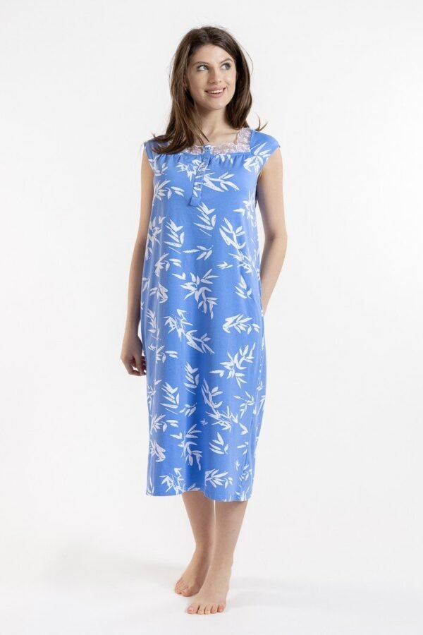 Cămașă de noapte damă cu imprimeu lungă și mânecă scurtă din bumbac