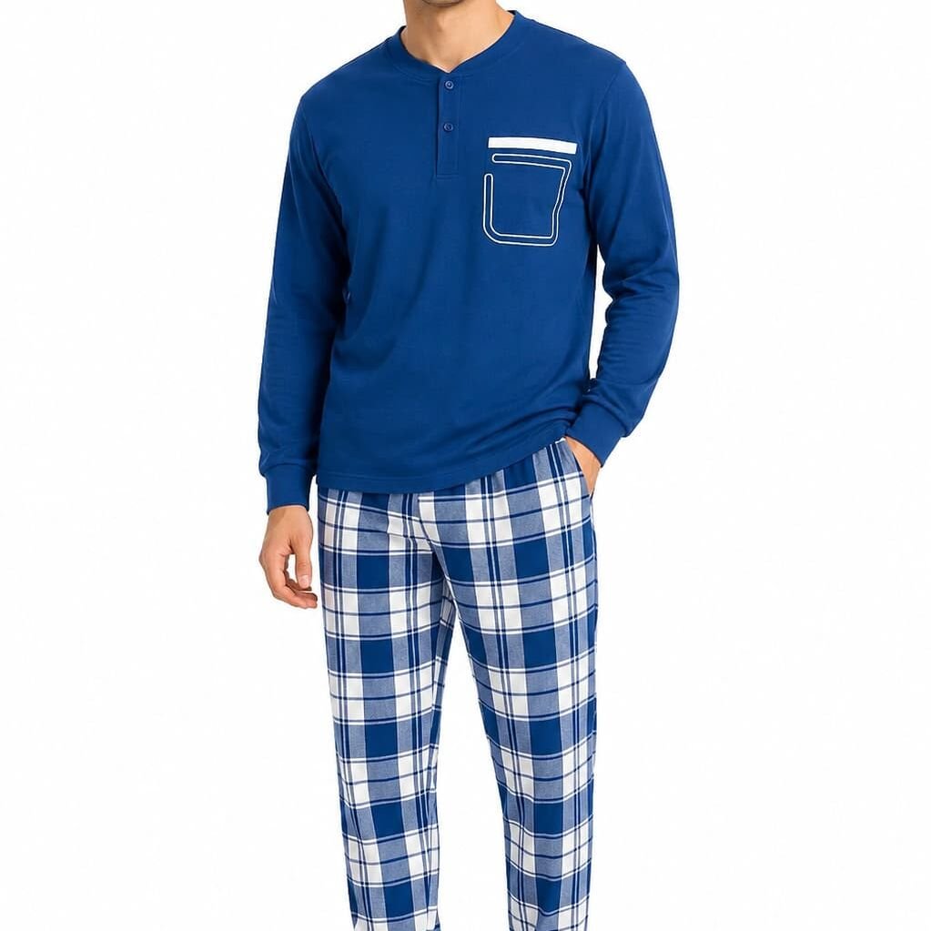 Pijama bărbat albastru cu imprimeu mânecă lungă, 100% bumbac – Bumbăcel Moldova
