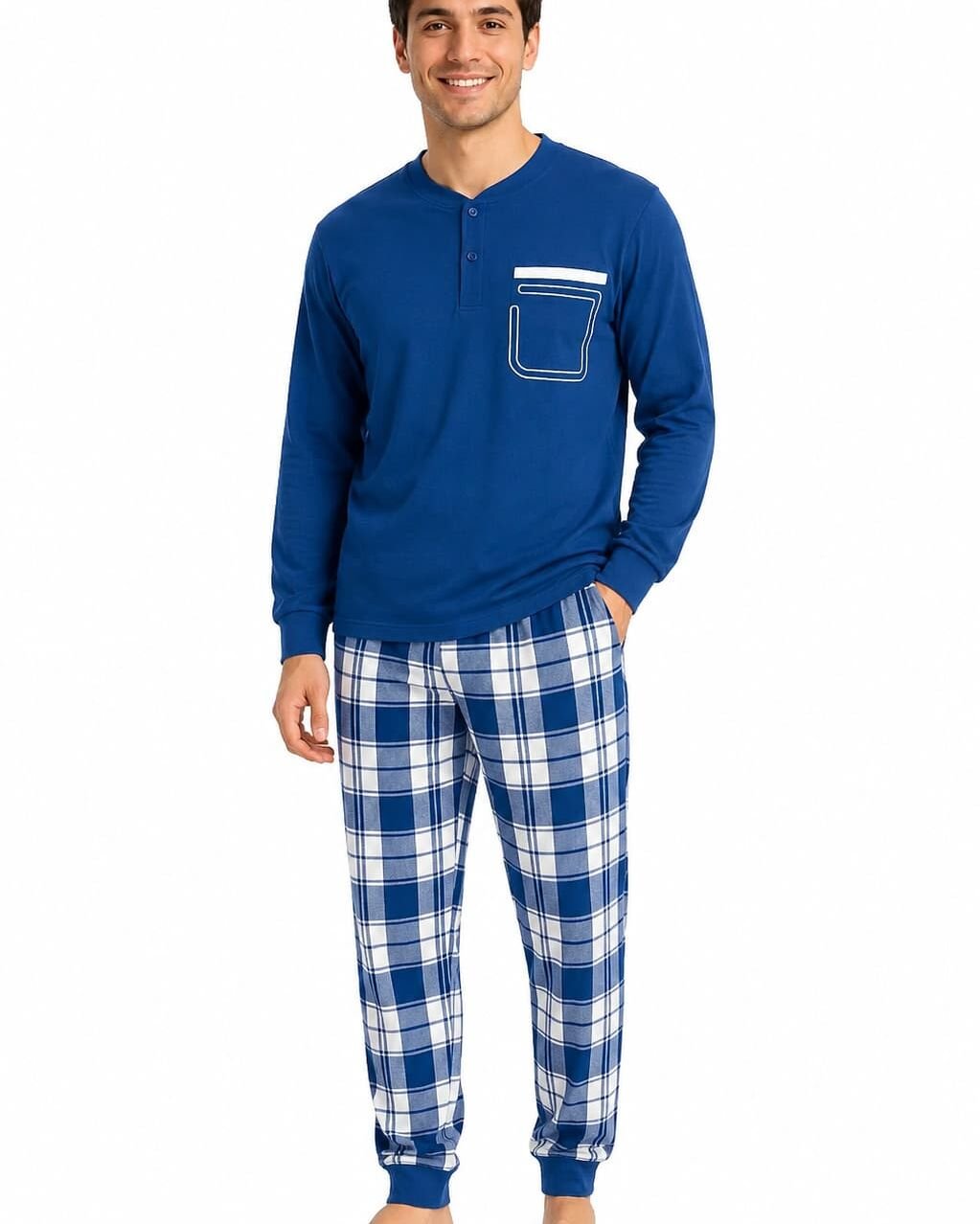 Pijama bărbat albastru cu imprimeu mânecă lungă, 100% bumbac – Bumbăcel Moldova