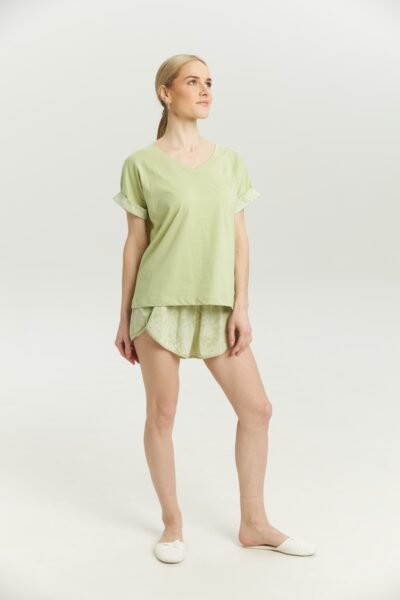 Pijamă damă Verde mânecă scurtă și pantaloni scurți cu imprimeu 100% bumbac, M–3XL | #iChooseEco | Bumbăcel