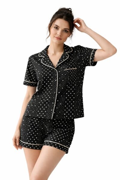 pijama dama negru maneca scurta pantaloni scurti bumbac iChooseEco Bumbacel