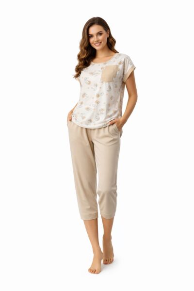 Pijama damă bej cu imprimeu și mânecă scurtă din 100% bumbac, M–4XL – Bumbăcel Moldova
