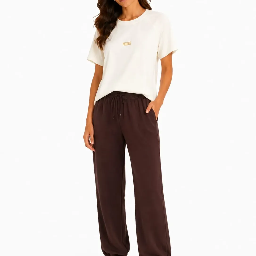 Set damă casual crem și maro tricou și pantaloni jogger din bumbac, S–XXL – Bumbăcel Moldova