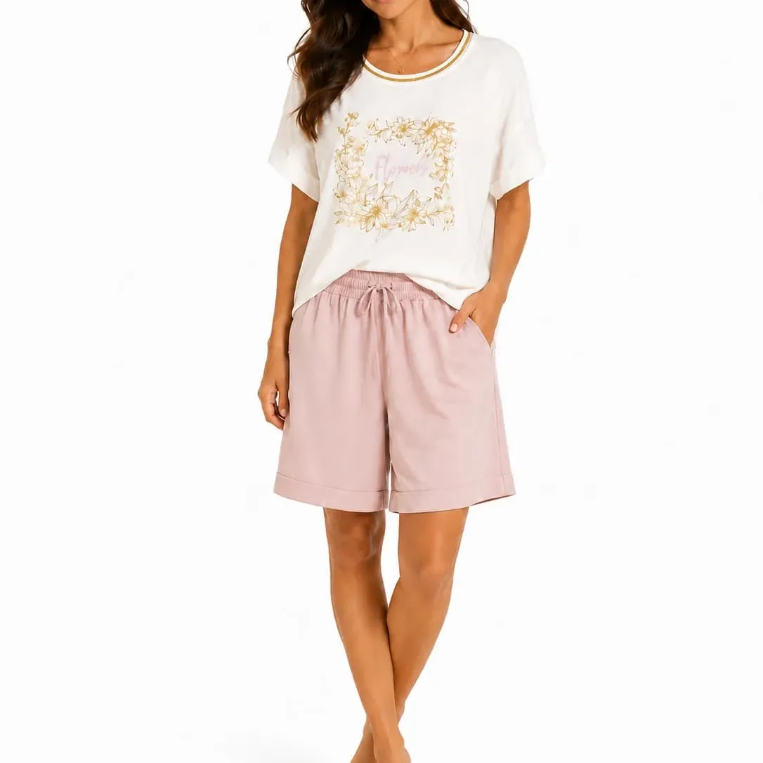 Set damă casual alb tricou cu imprimeu și pantaloni scurți din bumbac, S–XXL – Bumbăcel Moldova