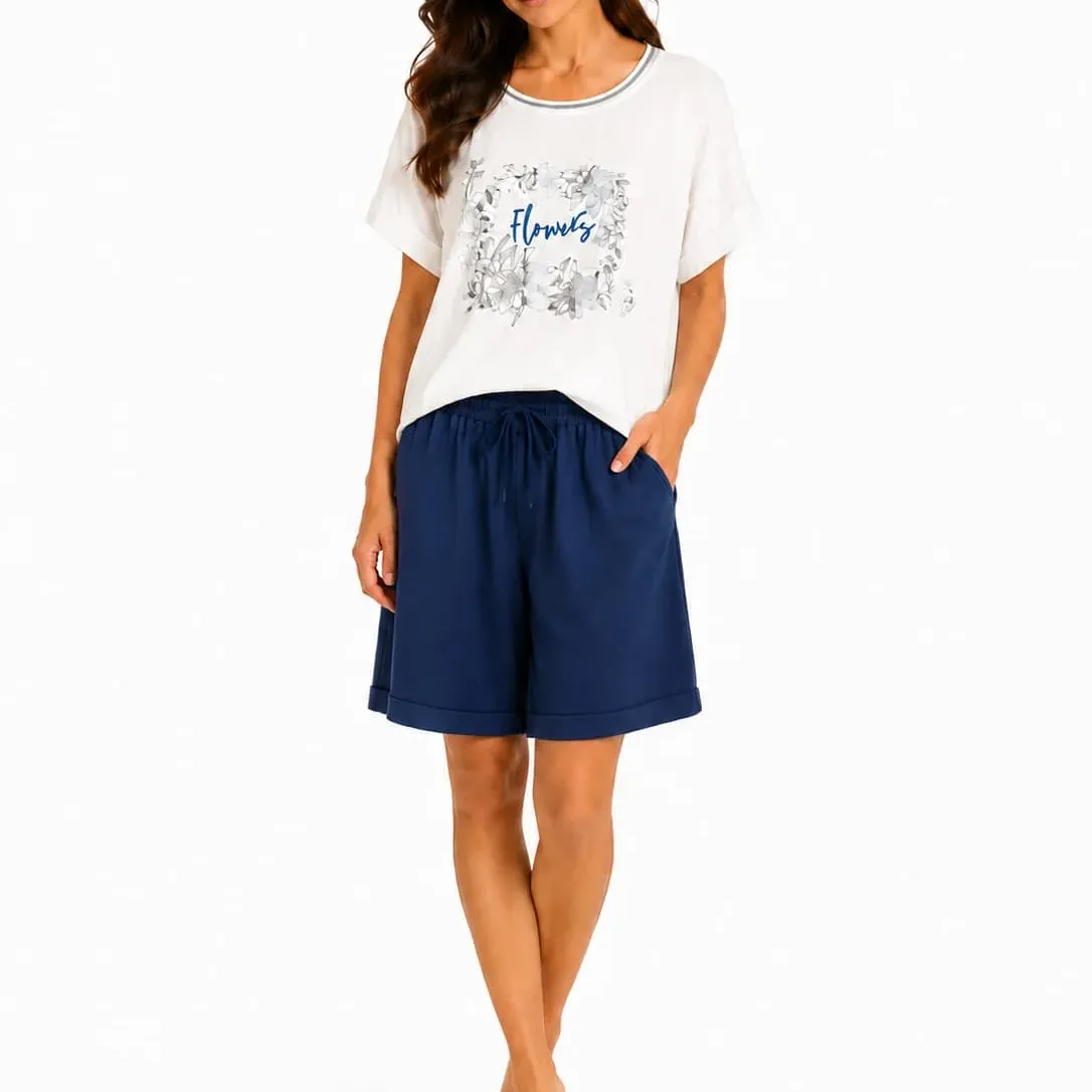 Set damă casual alb și albastru tricou cu imprimeu și pantaloni scurți, S–XXL – Bumbăcel Moldova