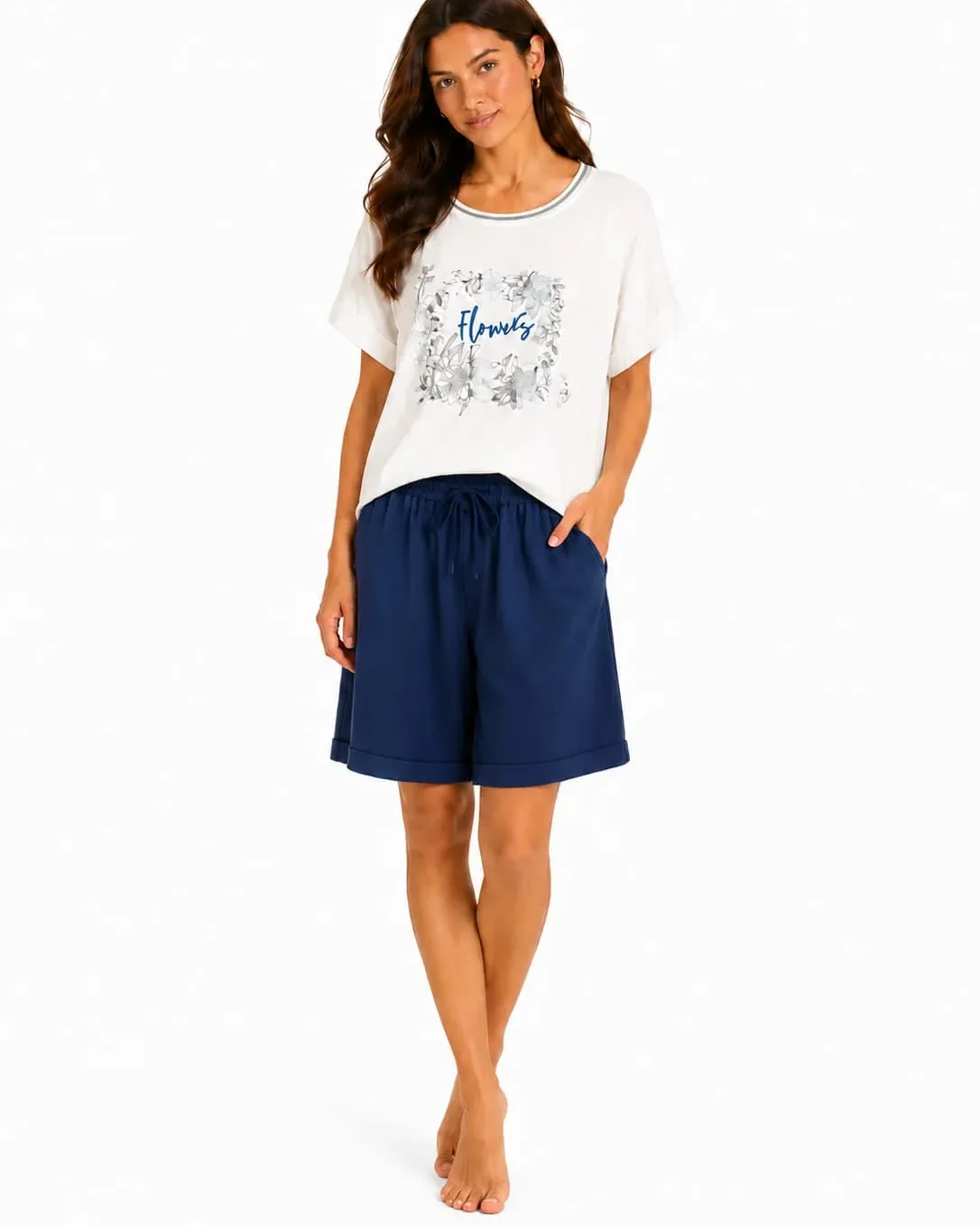Set damă casual alb și albastru tricou cu imprimeu și pantaloni scurți, S–XXL – Bumbăcel Moldova