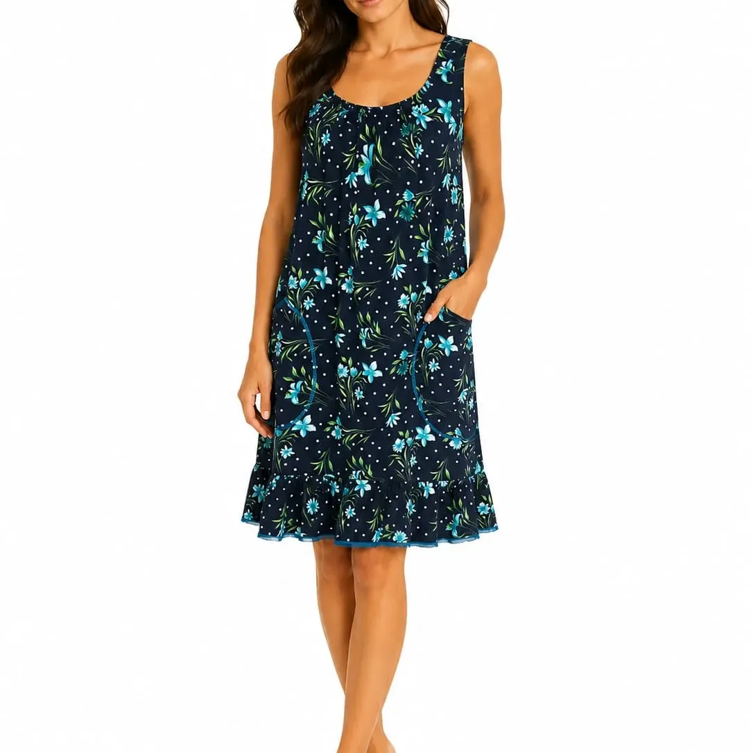Rochie damă albastră cu imprimeu floral și buzunare din 100% bumbac, M–3XL – Bumbăcel Moldova