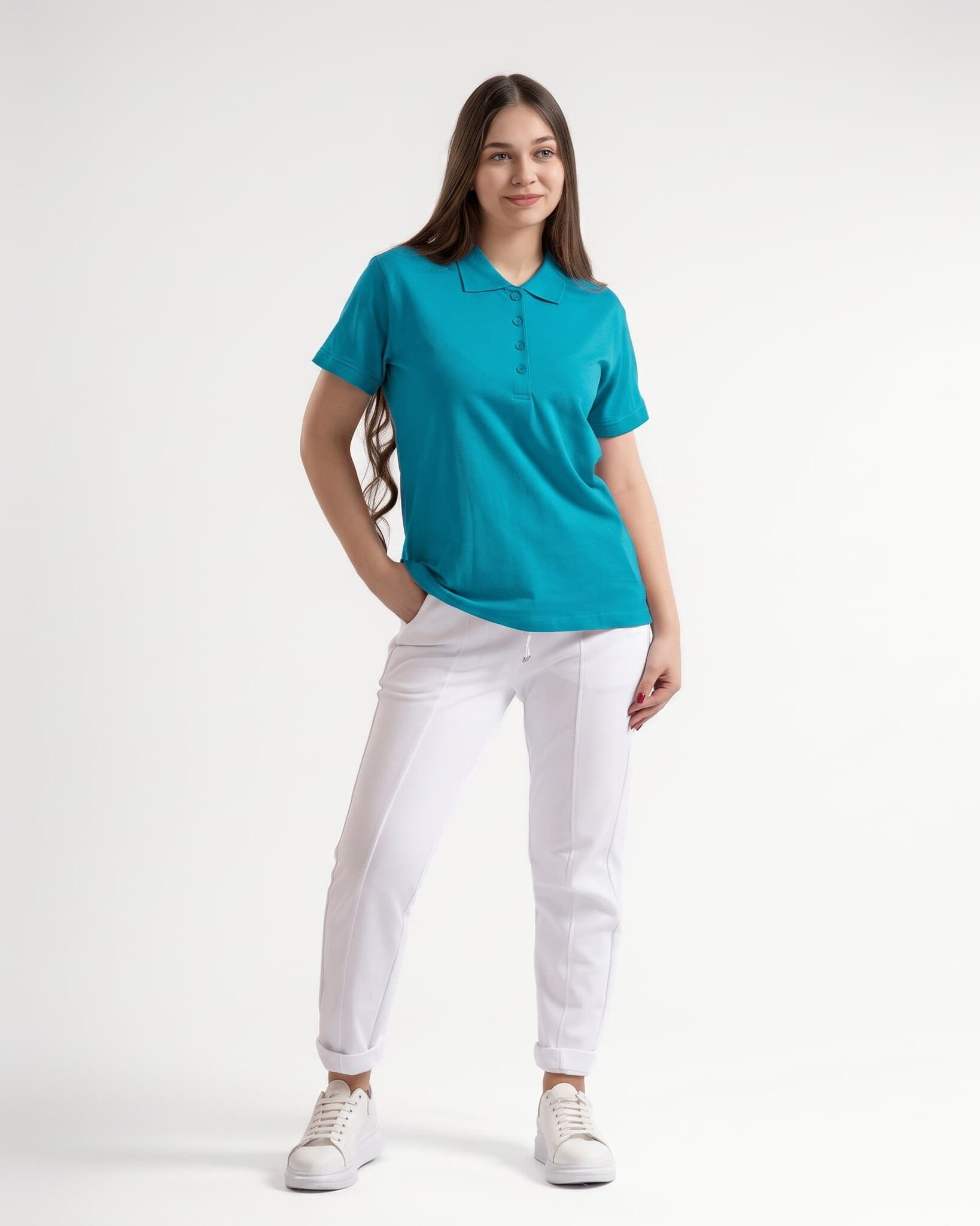 Tricou polo damă verde cu butoniere din bumbac, M-3XL – Bumbăcel Moldova (vedere frontală)