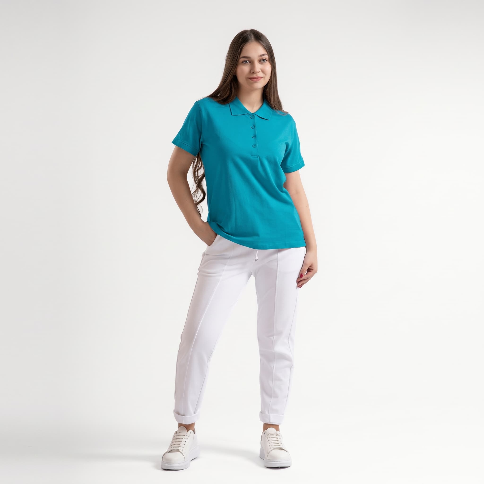Tricou polo damă verde cu butoniere din bumbac, M-3XL – Bumbăcel Moldova (vedere frontală)