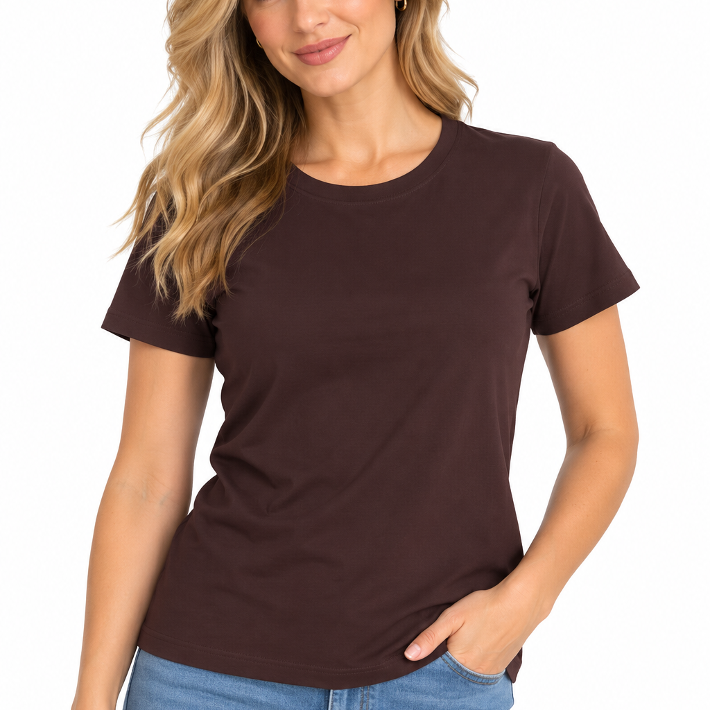 Tricou damă maro uniton din bumbac elastan, S-3XL – Bumbăcel Moldova (vedere frontală)