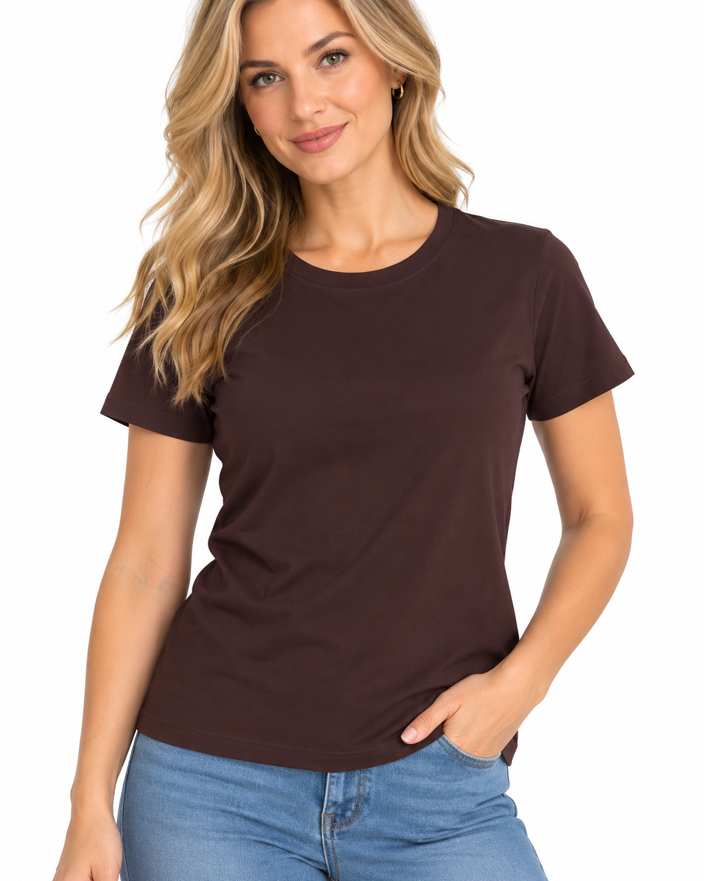 Tricou damă maro uniton din bumbac elastan, S-3XL – Bumbăcel Moldova (vedere frontală)