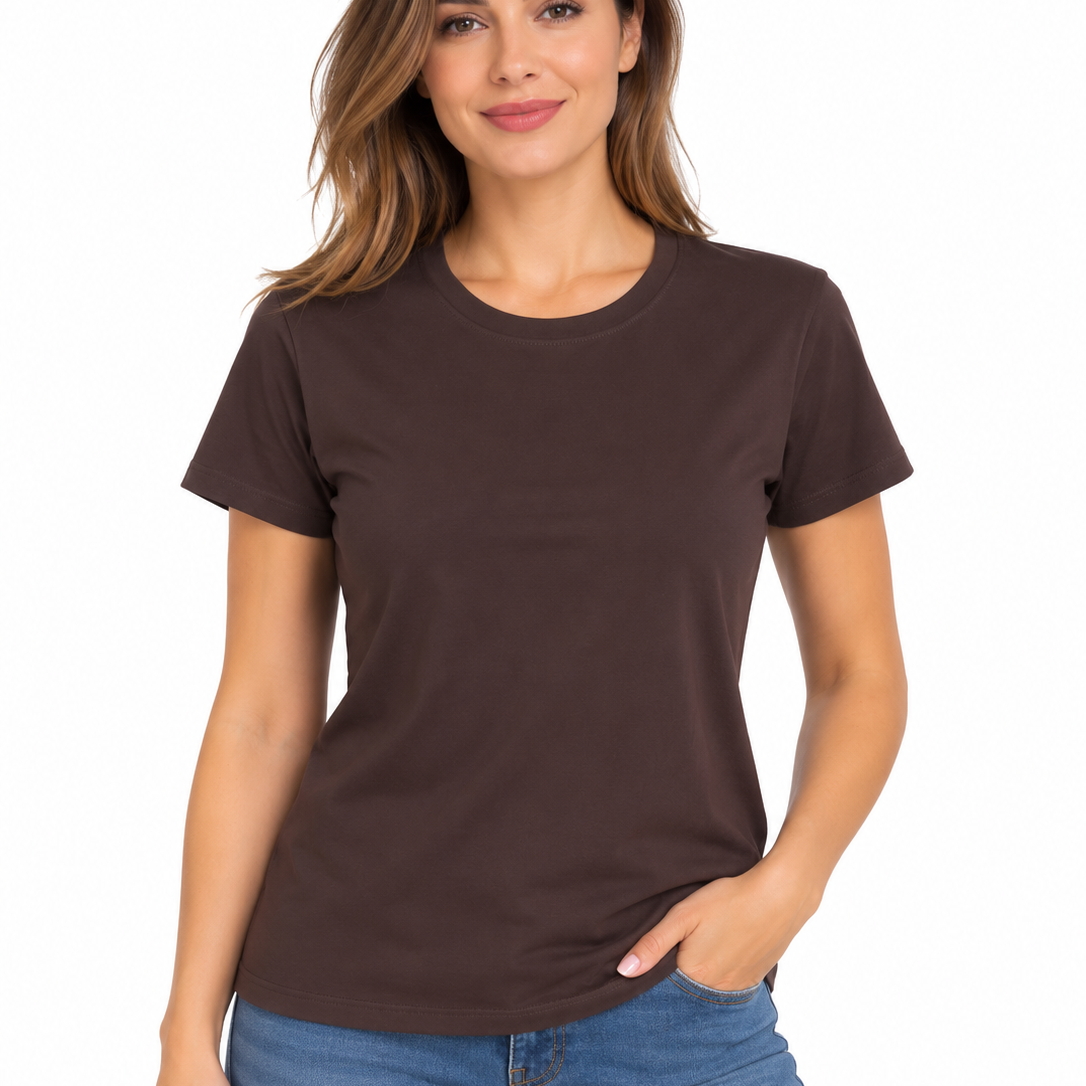 Tricou damă maro uniton cu guler rotund din bumbac, M-3XL – Bumbăcel Moldova (vedere frontală)