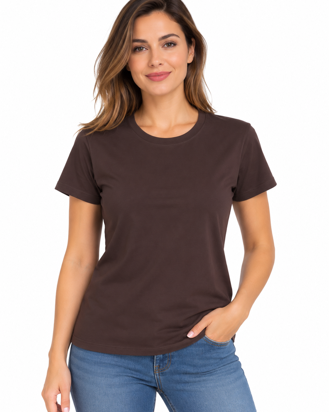 Tricou damă maro uniton cu guler rotund din bumbac, M-3XL – Bumbăcel Moldova (vedere frontală)