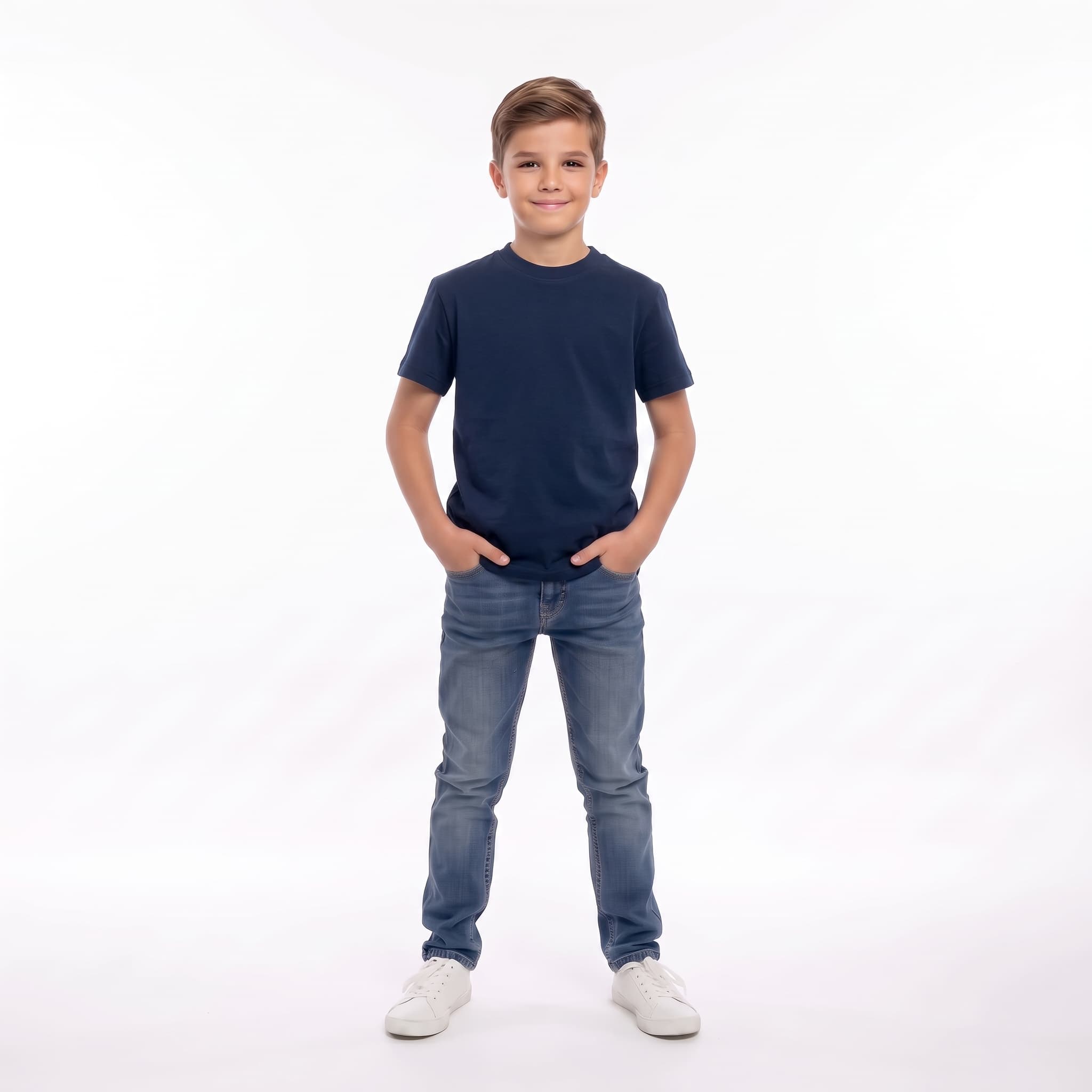Tricou băieți albastru închis din bumbac 100%, 6-14 ani – Bumbăcel Moldova (vedere frontală)