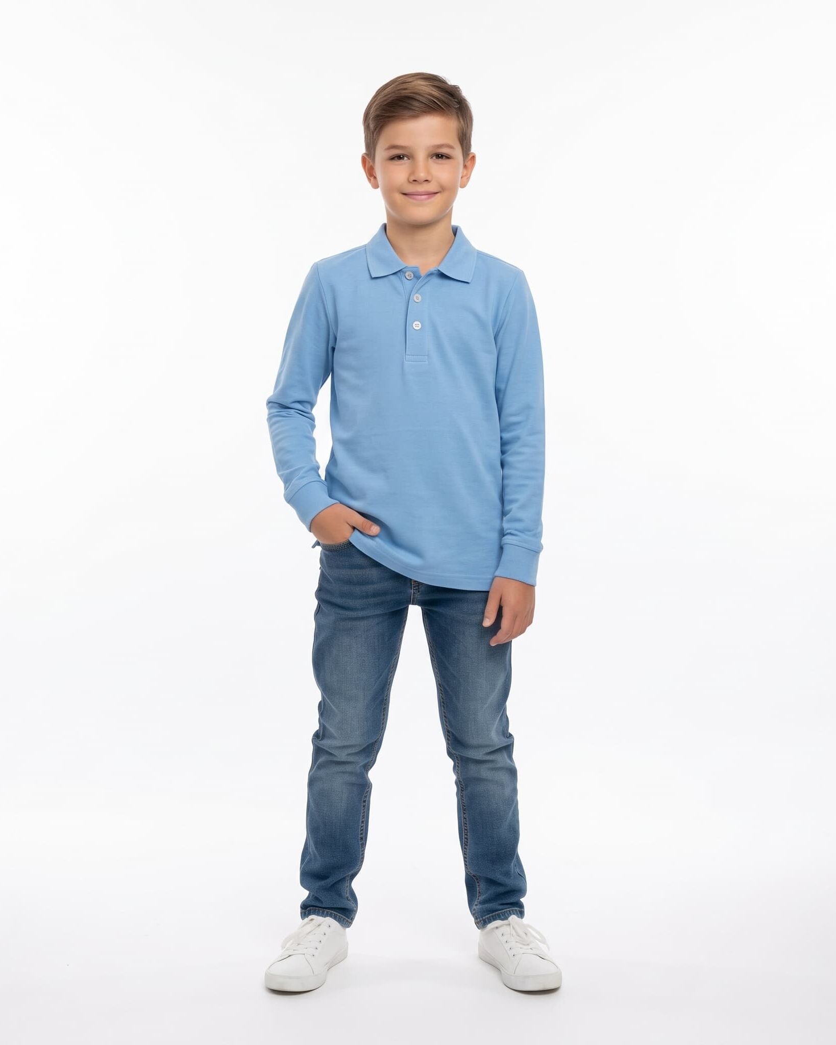 Tricou polo băieți albastru mânecă lungă din bumbac, 5-14 ani – Bumbăcel Moldova (vedere frontală)