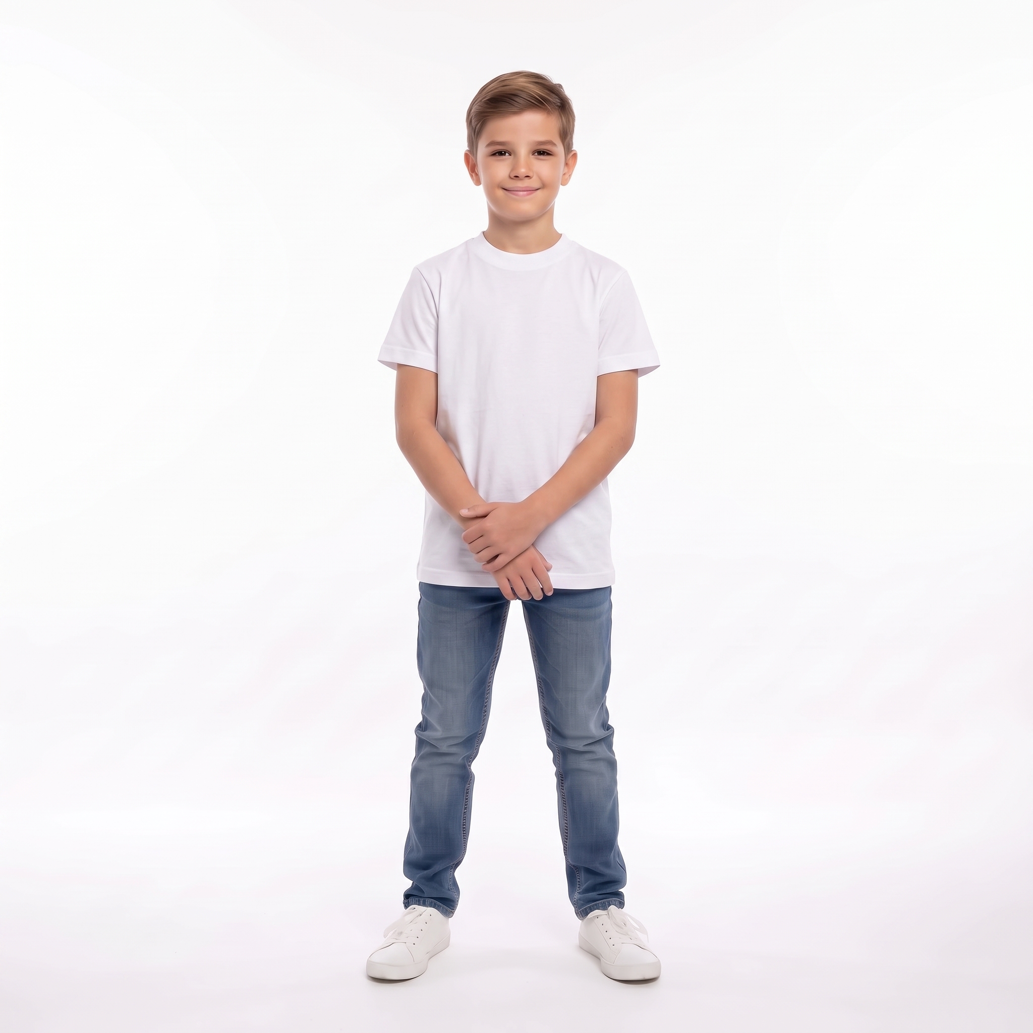 Tricou băieți alb din bumbac 100%, 6-14 ani – Bumbăcel Moldova (vedere frontală)