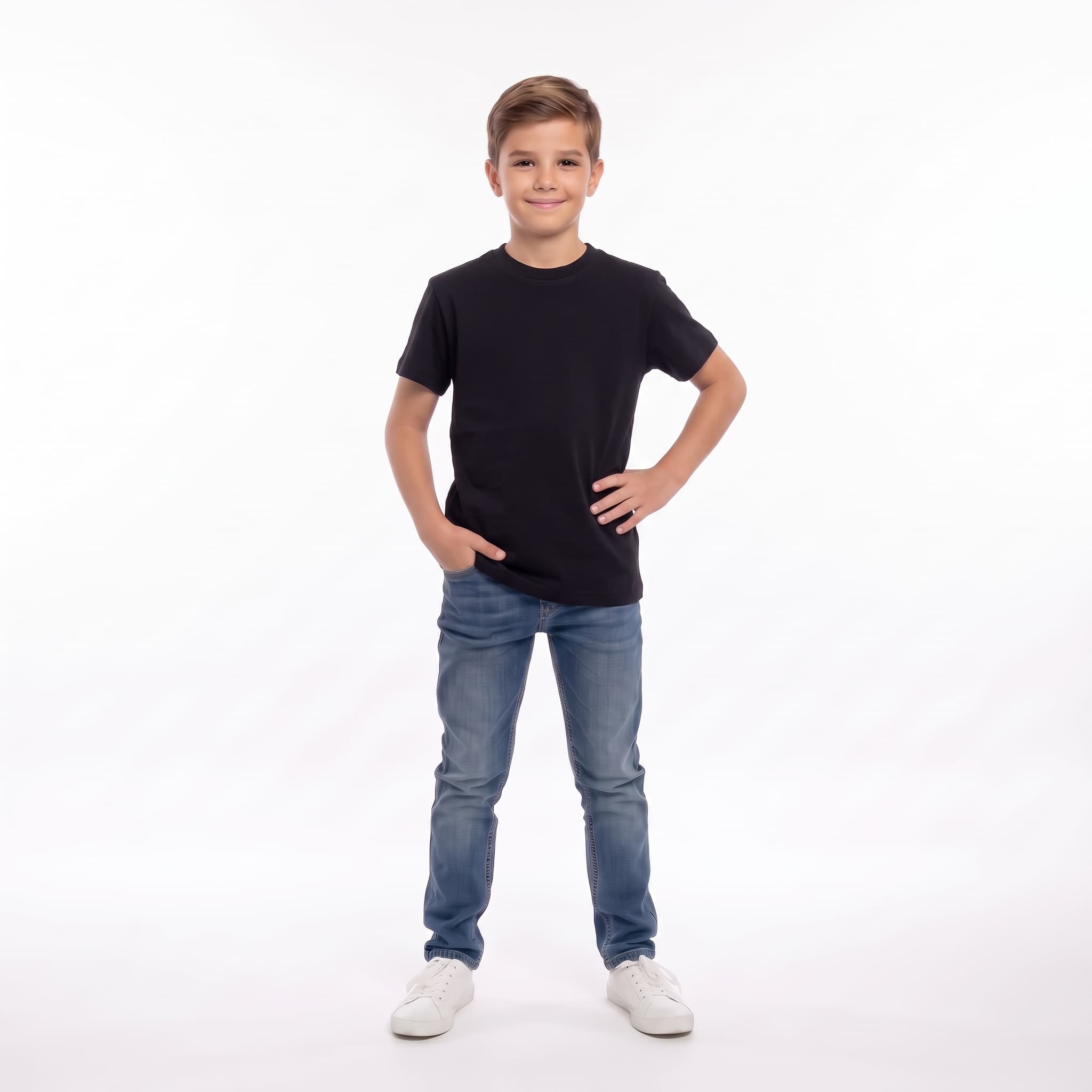 Tricou băieți negru din bumbac 100%, 6-14 ani – Bumbăcel Moldova (vedere frontală)