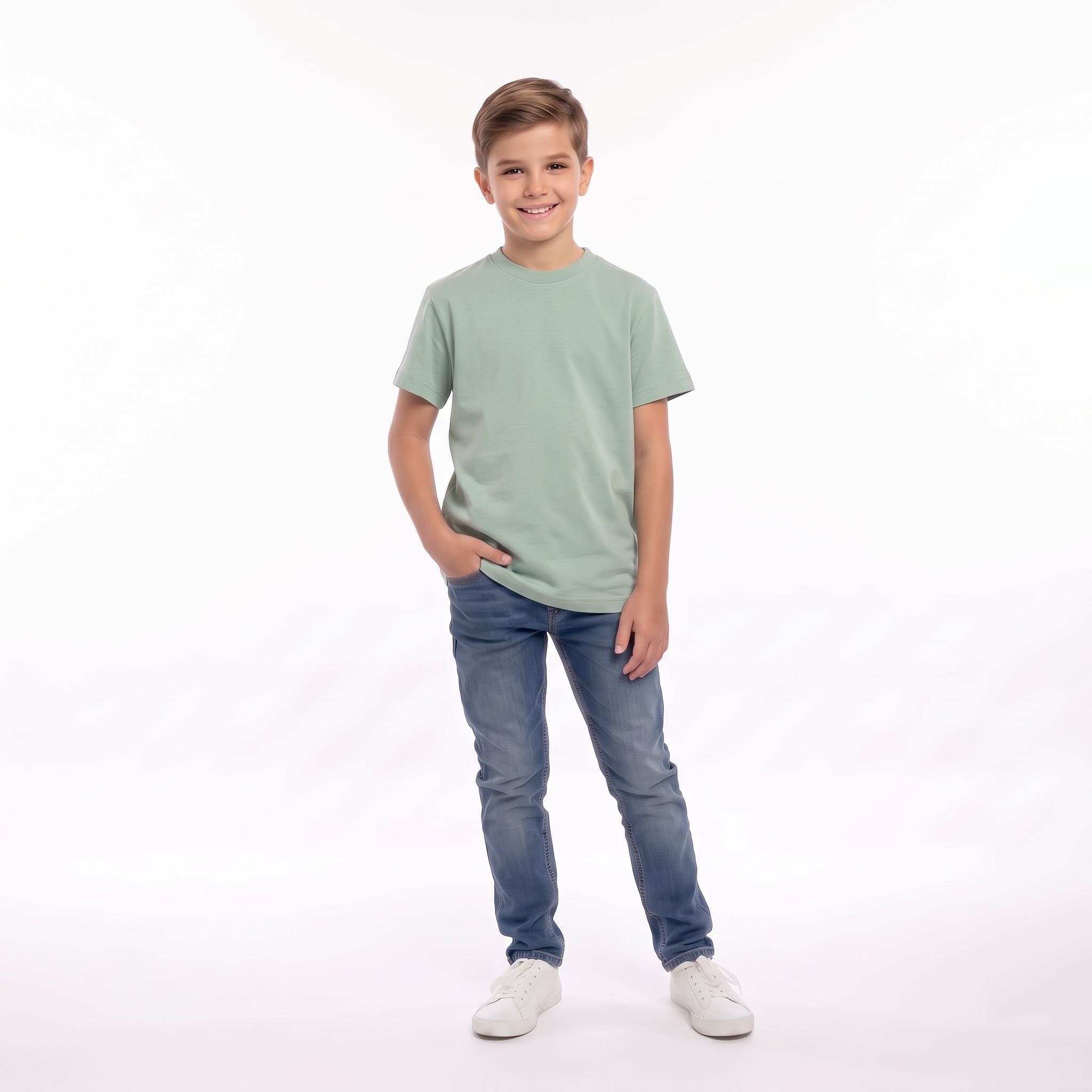 Tricou băieți verde din bumbac 100%, 6-14 ani – Bumbăcel Moldova (vedere frontală)