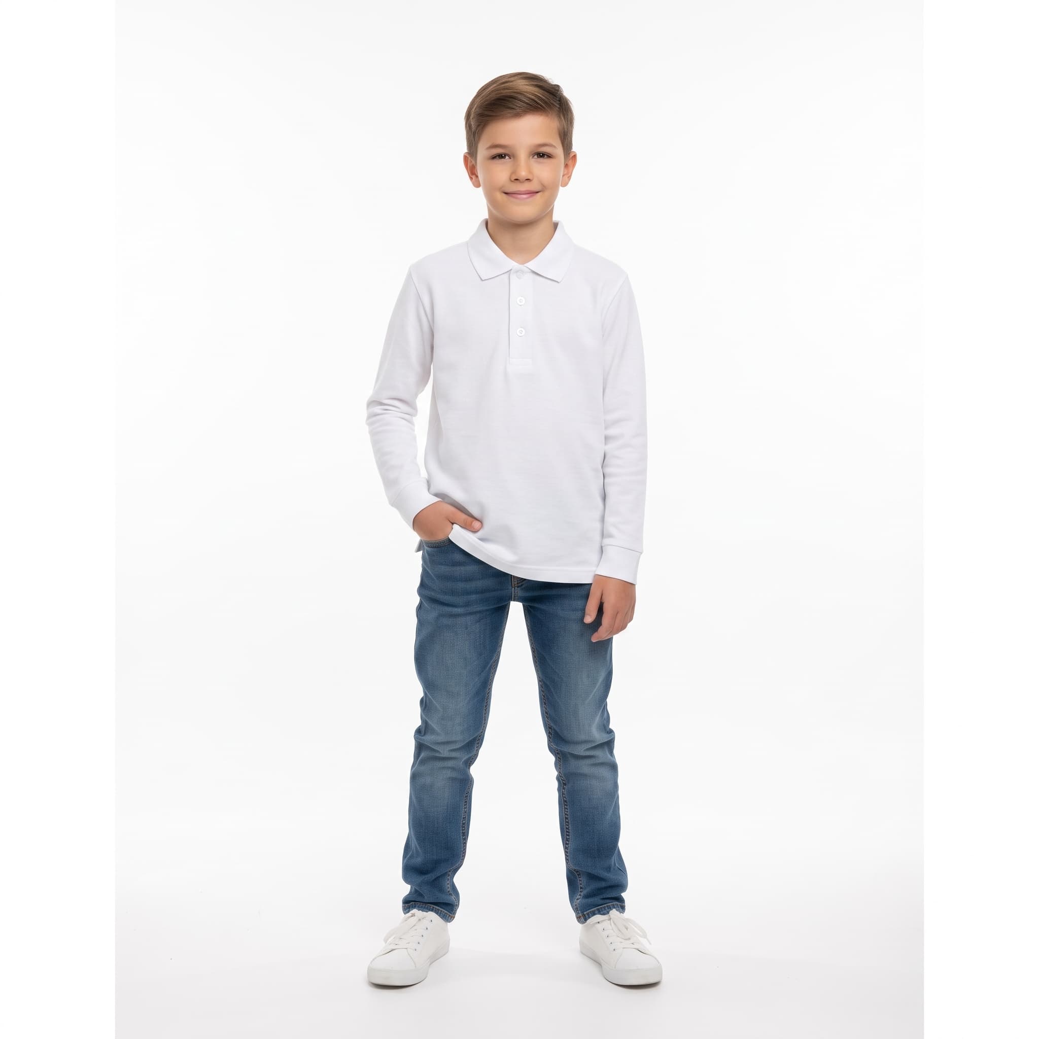 Tricou polo băieți alb mânecă lungă din bumbac, 5-14 ani – Bumbăcel Moldova (vedere frontală)