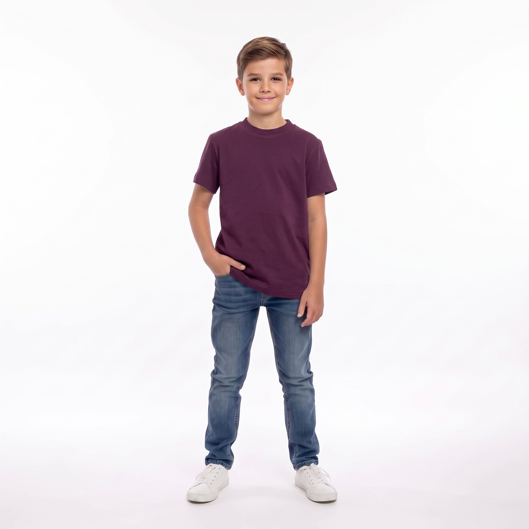 Tricou băieți Burgundy din bumbac 100%, 6-14 ani – Bumbăcel Moldova (vedere frontală)
